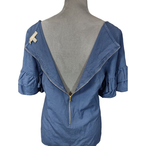 Appraisal Linen Blend Top Blue Bell Sleeve Exposed Zipper Peasant Womens Large - Picture 5 of 7